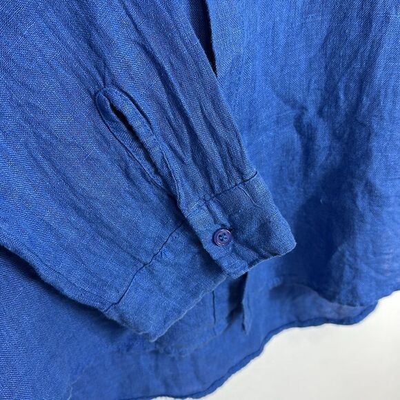 Moda Italia Linen Long Sleeve Band Collar Button Down Shirt In Blue Size XL - Picture 3 of 8